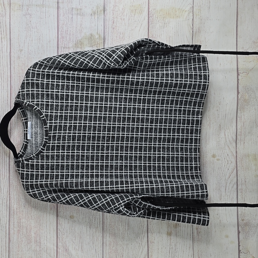Zara Plaid Fuzzy Blouse Top Black White Crewneck Long Sleeve Drawstring Sz Med